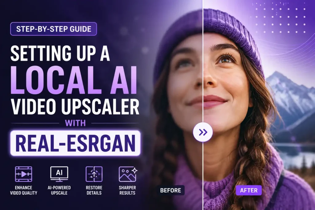 Real ESRGAN Real-ESRGAN AI video upscaler tutorial thumbnail featuring a before-and-after image enhancement comparison of a woman, showcasing local AI video upscaling, image restoration, detail enhancement, and video quality improvement using Real-ESRGAN technology.